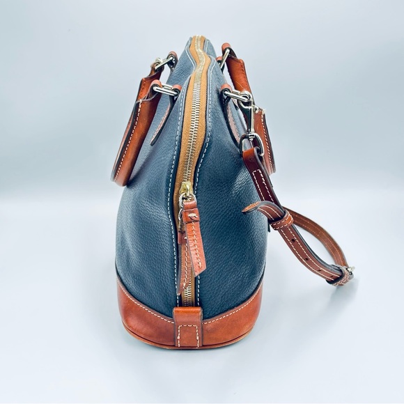Dooney and Bourke Leather Pebble Grain Zip Zip Satchel Bag Navy Blue Brown - Picture 3 of 14